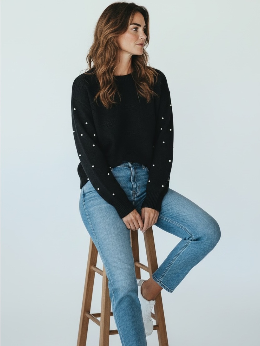 SHEIN Black Raised Dash Knit Pearl Bead Embellished Sleeve Sweater - Size Large